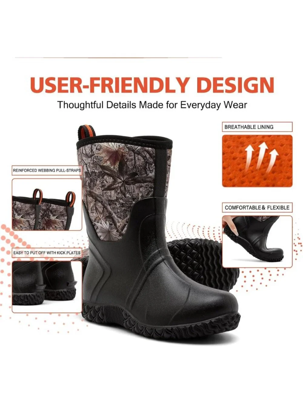Women's Black Waterproof Breathable Mid Calf Design Garden Work Mud Rain Boots